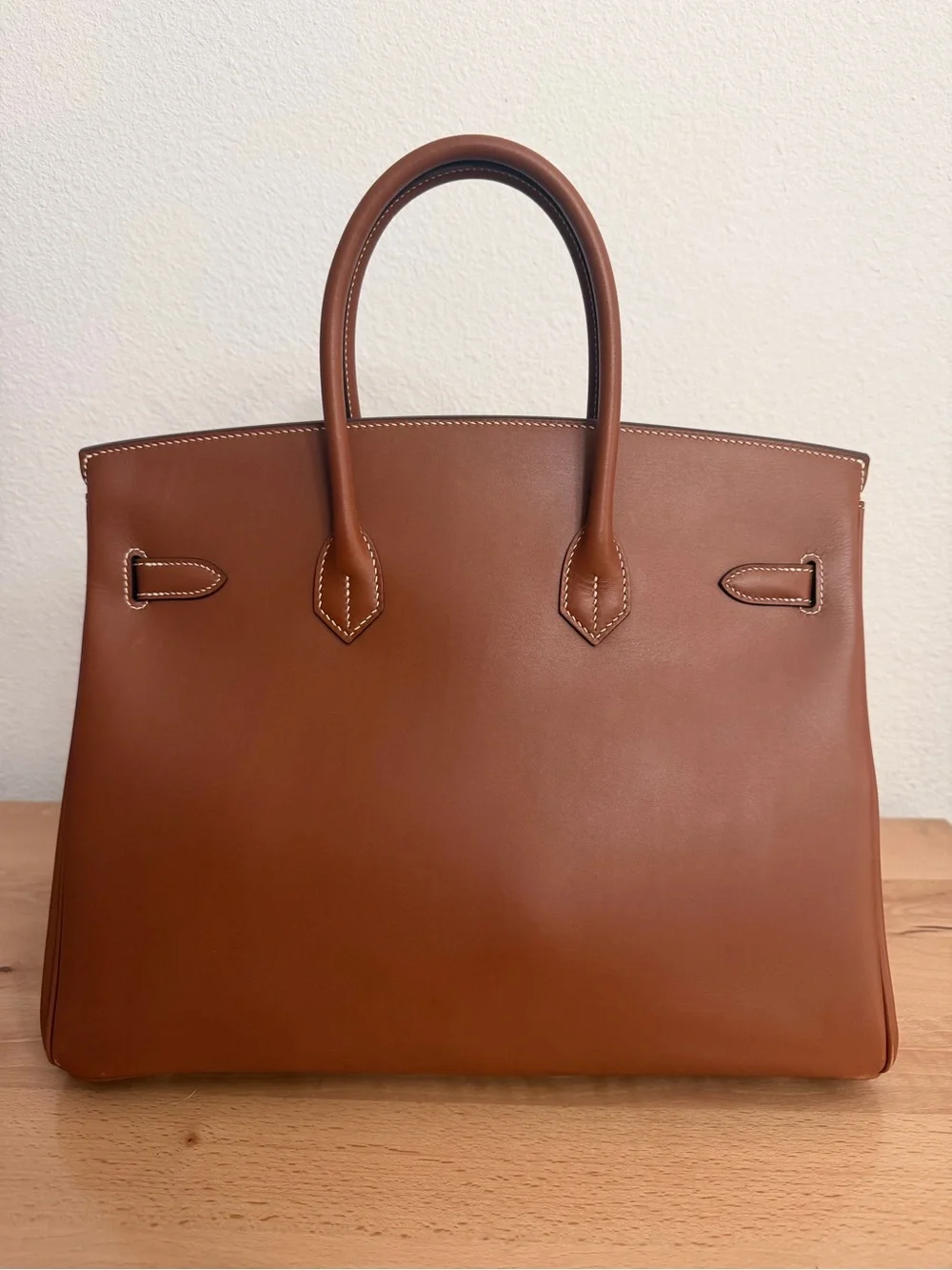 Handmade imported barenia Birkin 35 Fauve gold smooth GHW Cognac tote Italian